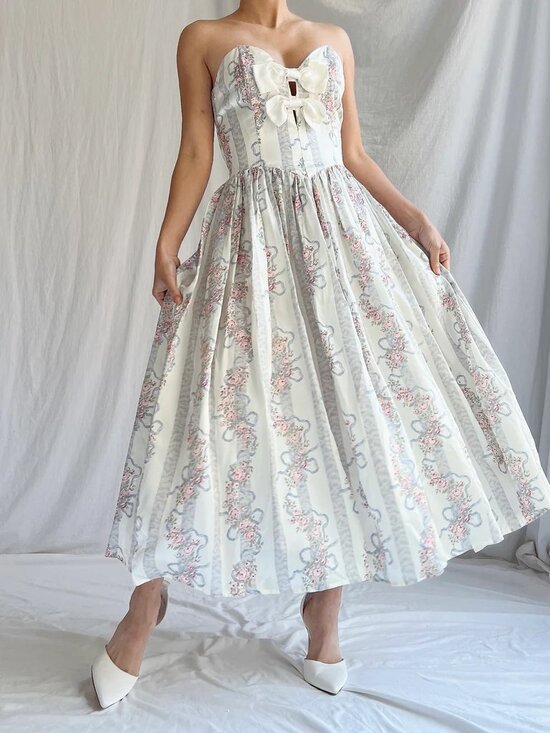 Gunne Sax Dresses & Skirts - Gunne Sax Blue White Floral Bow Print Satin Midi Maxi Dress 5